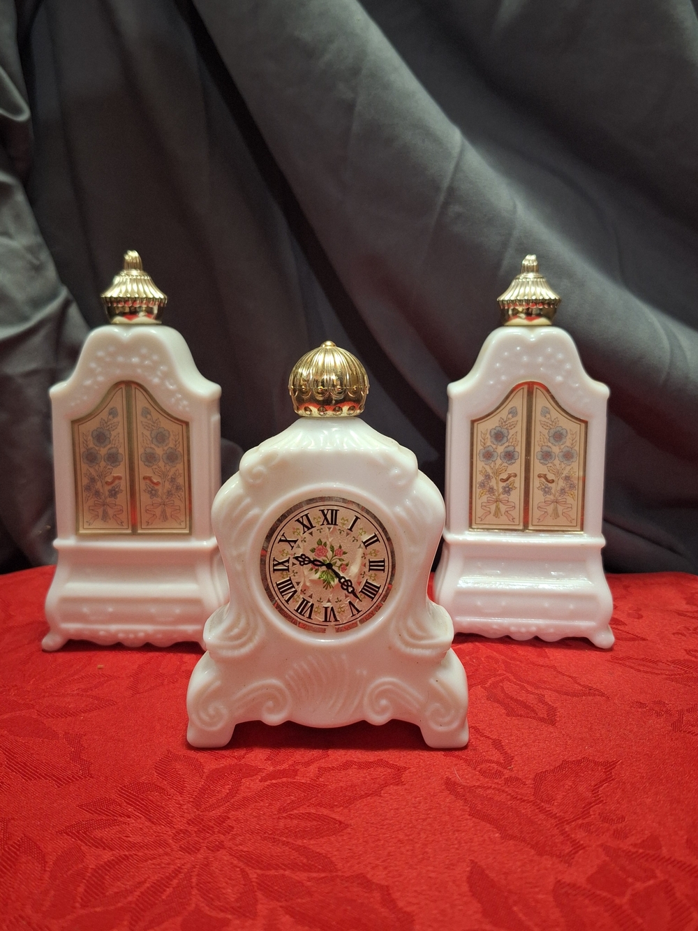 Vintage Avon Milk Glass Vanity Set - Clock & Armoires (Set of 3)